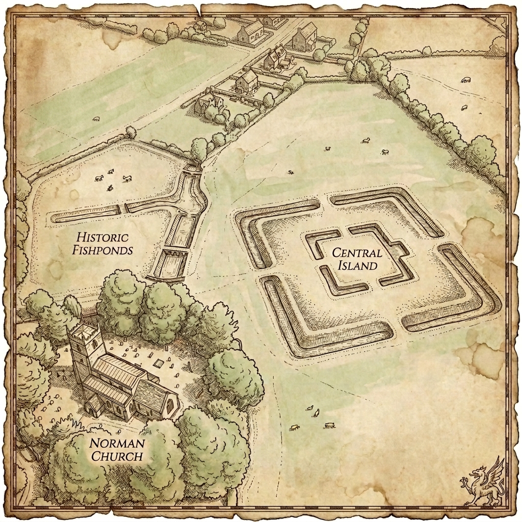 Vintage map of the Weston-sub-Edge heritage site and moat